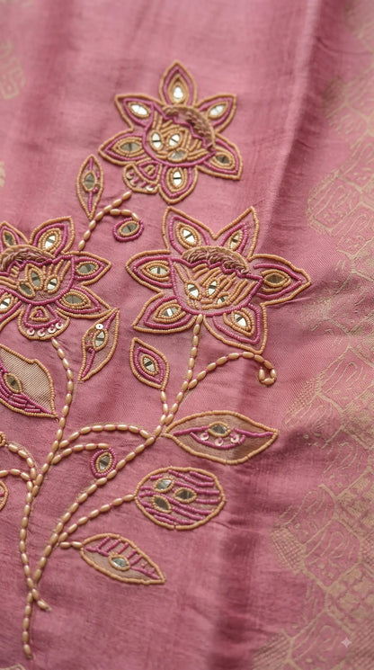 Pakistani Soft Pink Banarsi Pakistani Designer Suit with Floral Embroidery, Pearl, Bead & Mirror Work
