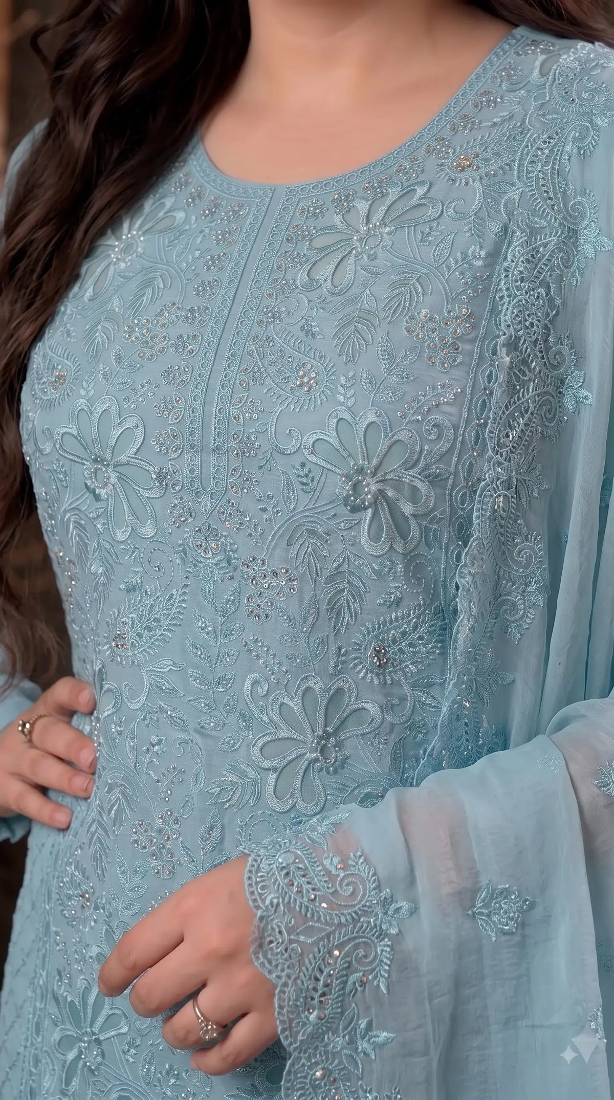 Pakistani Designer Soft Blue Pakistani Suit with Pearl Embroidery Work