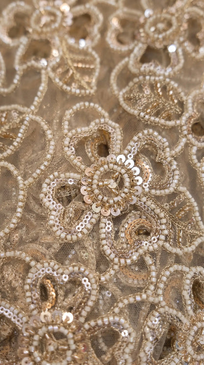 Premium Champagne Organza Ethnic-Western Pakistani Designer Suit with Floral Embroidery, Pearl, Cutdana & Sequin Handwork