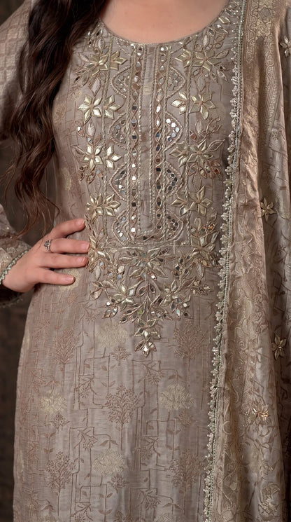 Pakistani Designer Ivory Shade Banarsi Suit with Mirror & Pearl Work