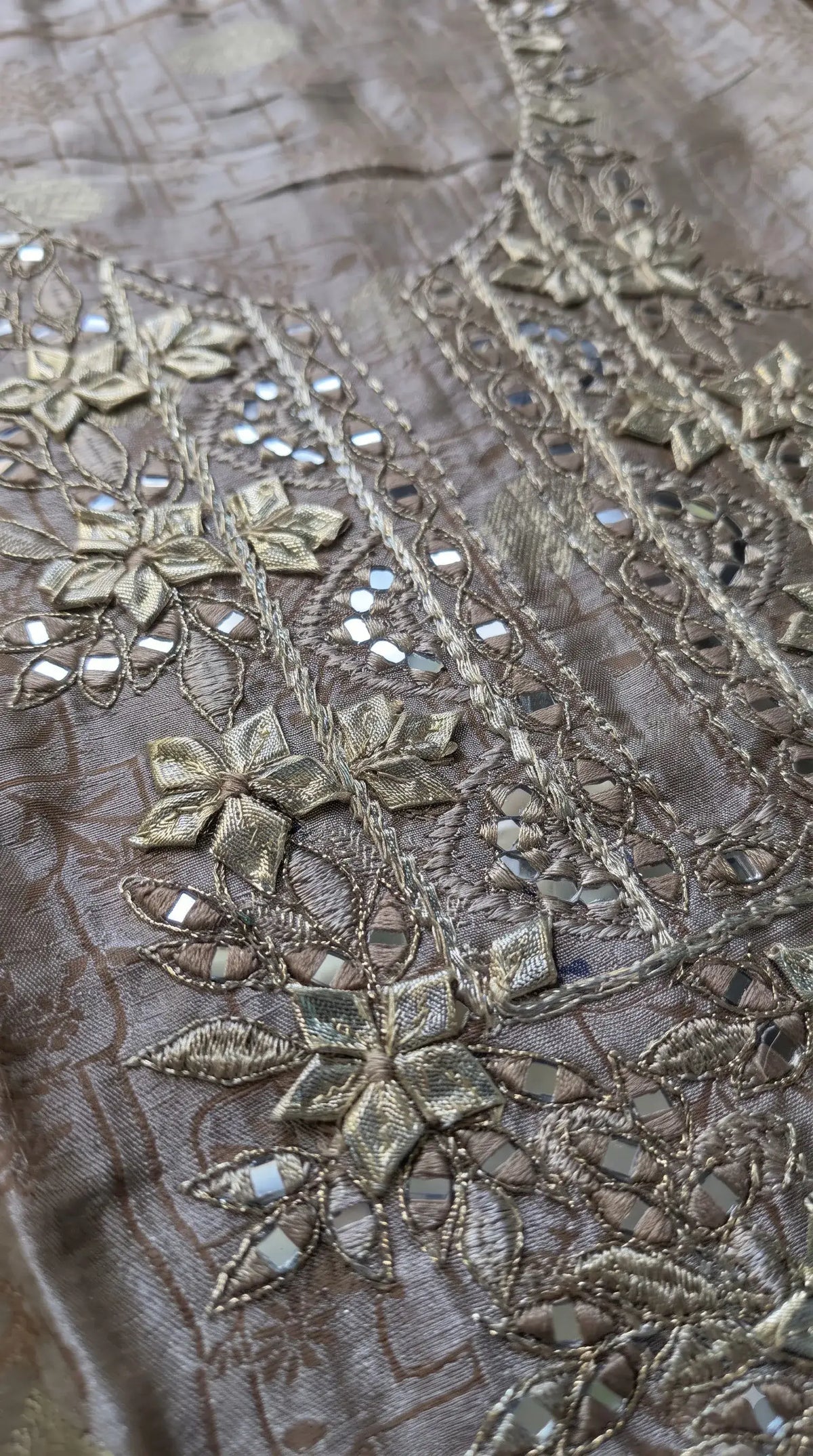 Pakistani Designer Ivory Shade Banarsi Suit with Mirror & Pearl Work