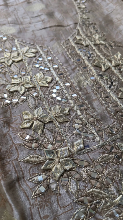 Pakistani Designer Ivory Shade Banarsi Suit with Mirror & Pearl Work