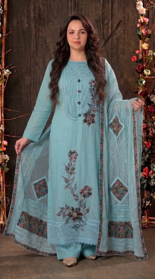 Premium Mul Designer Ice Blue Floral Embroidered Suit