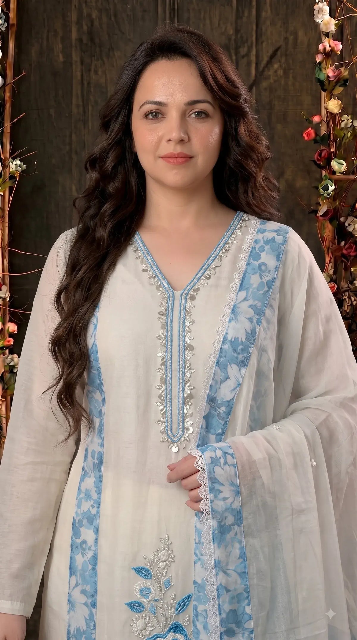 Premium Designer Off-White Mull Cotton Suit with Blue Floral Embroidery, Pearl & Sequin Work