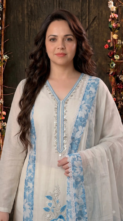 Premium Designer Off-White Mull Cotton Suit with Blue Floral Embroidery, Pearl & Sequin Work