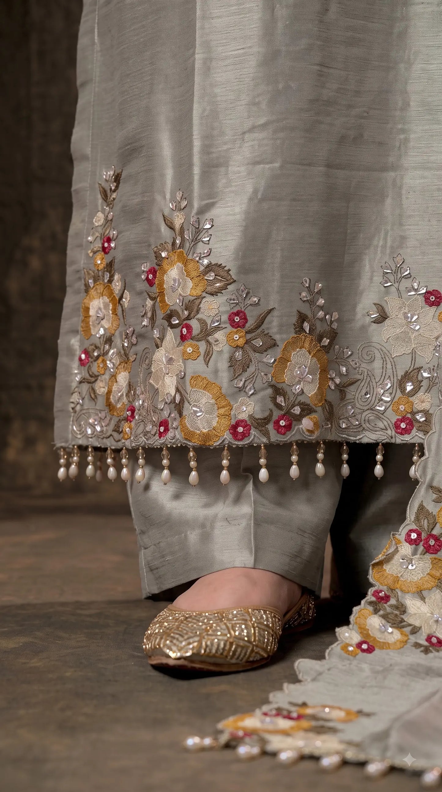 Premium Designer Silver Grey Giraffe Fabric Suit with Pearl, Sequin & Floral Embroidery Work