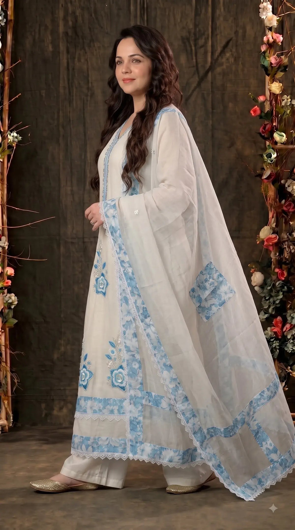 Premium Designer Off-White Mull Cotton Suit with Blue Floral Embroidery, Pearl & Sequin Work