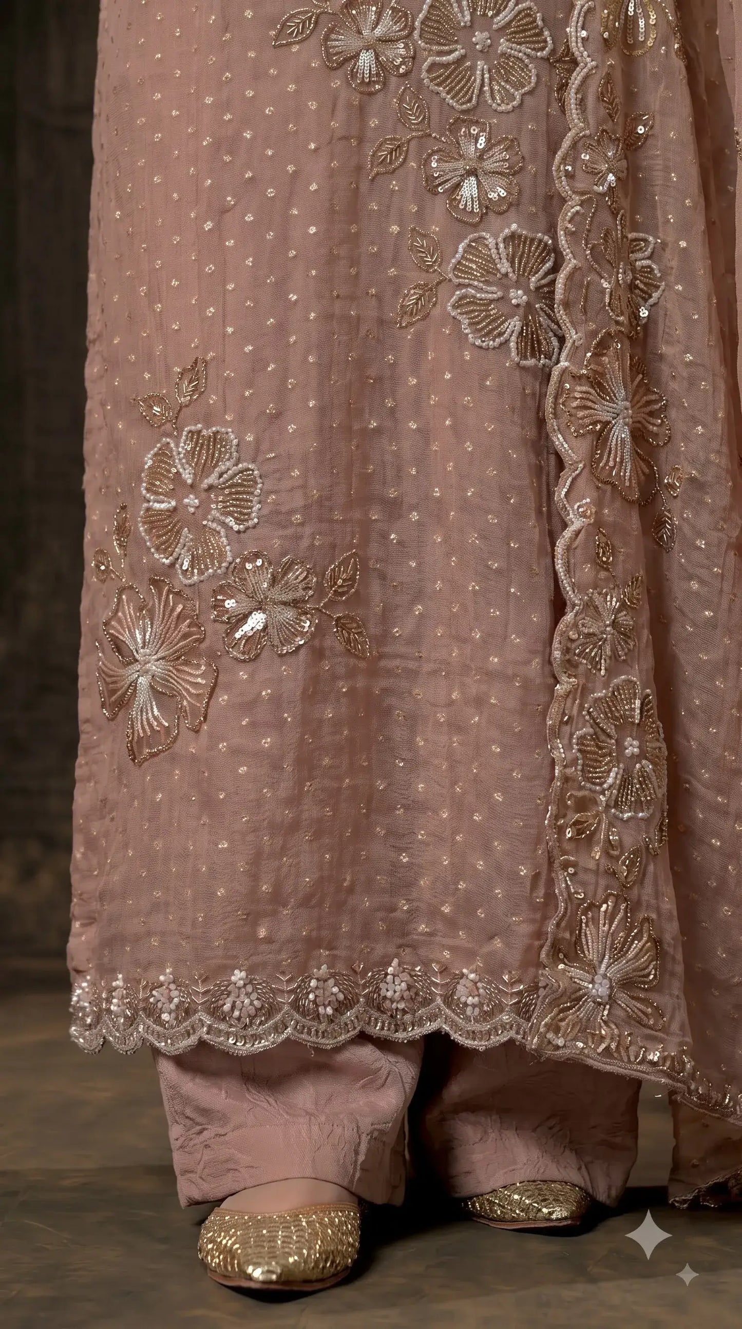 Premium Designer Blush Taupe Soft Tissue Suit with Pearl Floral Work