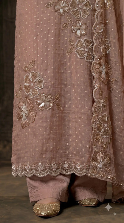 Premium Designer Blush Taupe Soft Tissue Suit with Pearl Floral Work