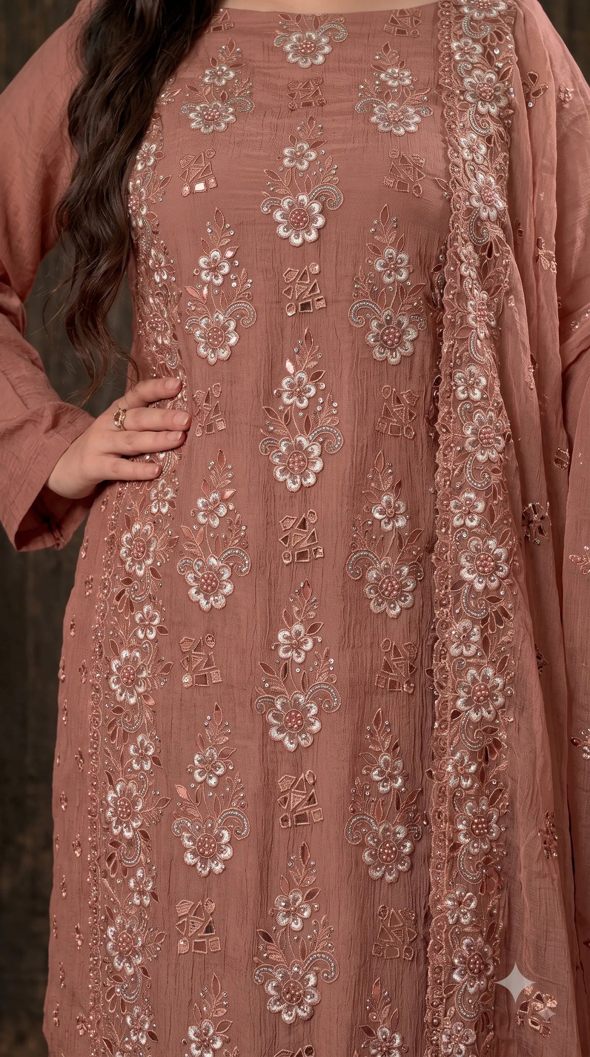 Pakistani Designer Rust Soft Crush Tissue Suit with Floral Embroidery, Pearl & Sequin Work