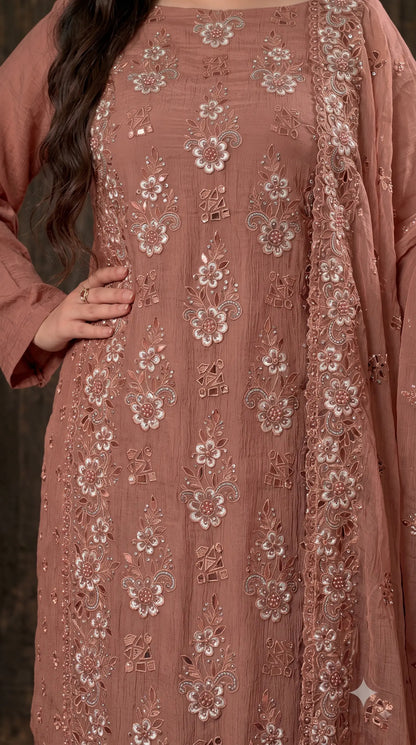Pakistani Designer Rust Soft Crush Tissue Suit with Floral Embroidery, Pearl & Sequin Work