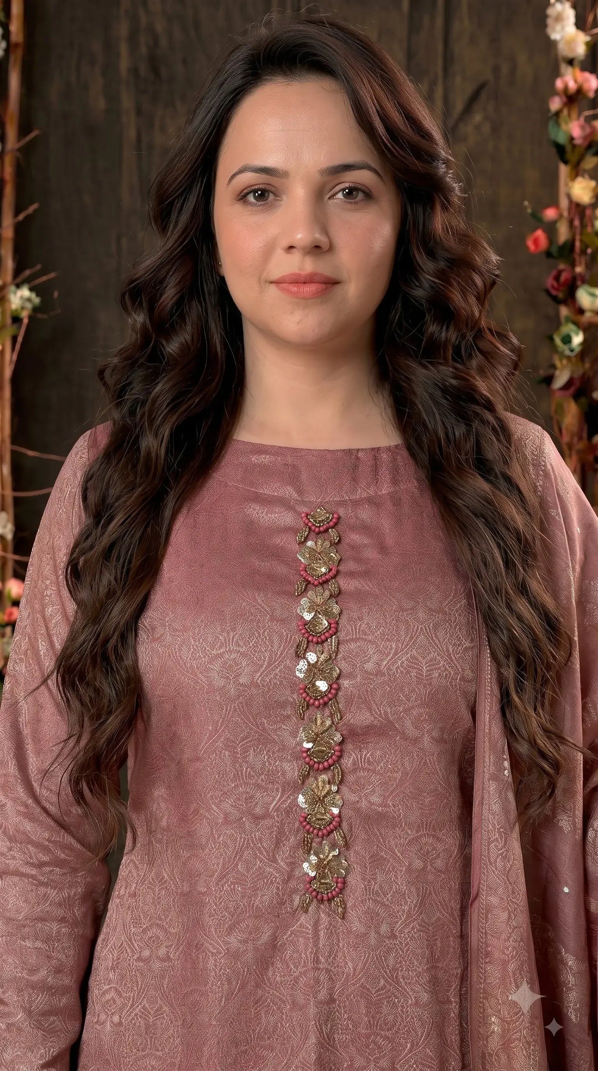 Premium Designer Antique Rose Banarasi Suit with Bead & Sequin Work