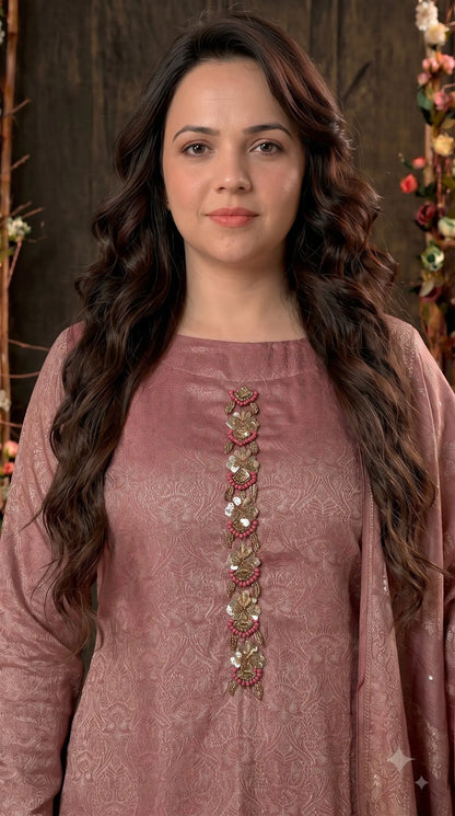 Premium Designer Antique Rose Banarasi Suit with Bead & Sequin Work
