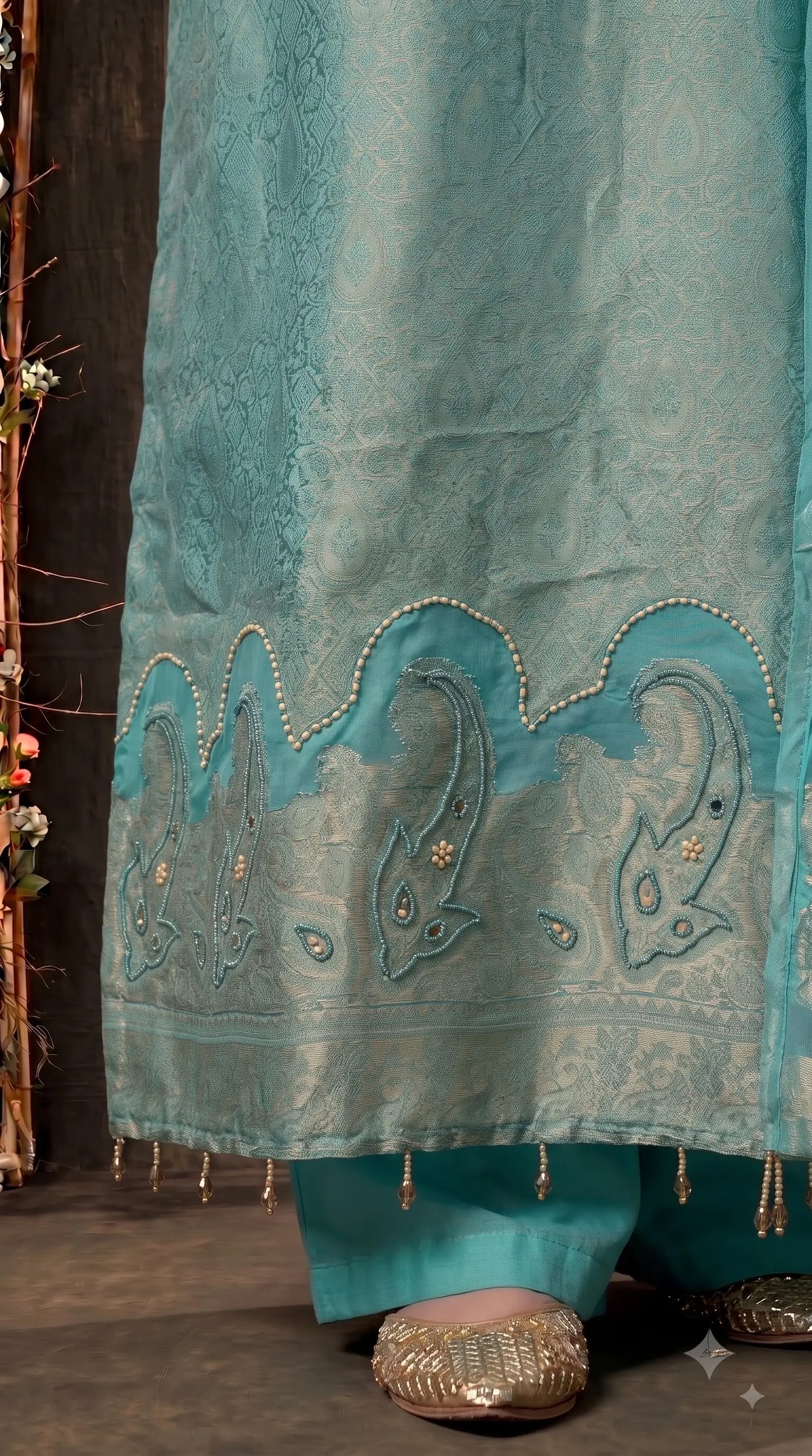 Premium Designer Aqua Turquoise Tulfi Texture Suit with Bead & Paisley