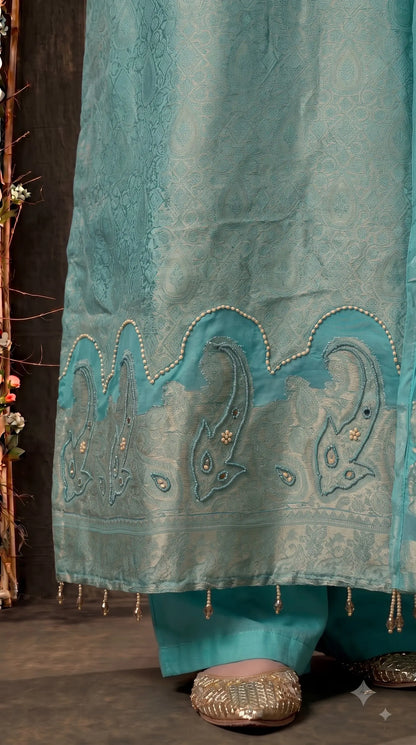 Premium Designer Aqua Turquoise Tulfi Texture Suit with Bead & Paisley