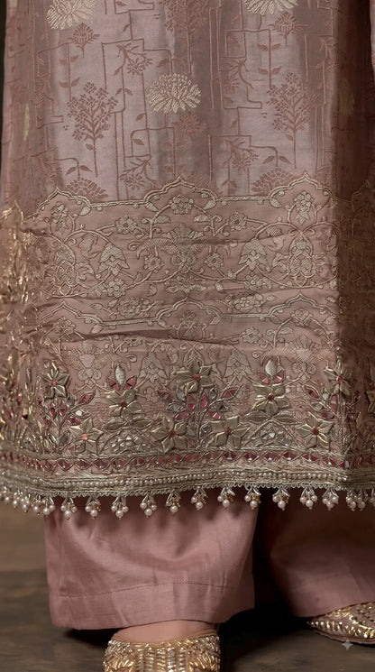 Premium Designer Dusty Rose Taupe Banarsi Suit with Mirror & Pearl Work
