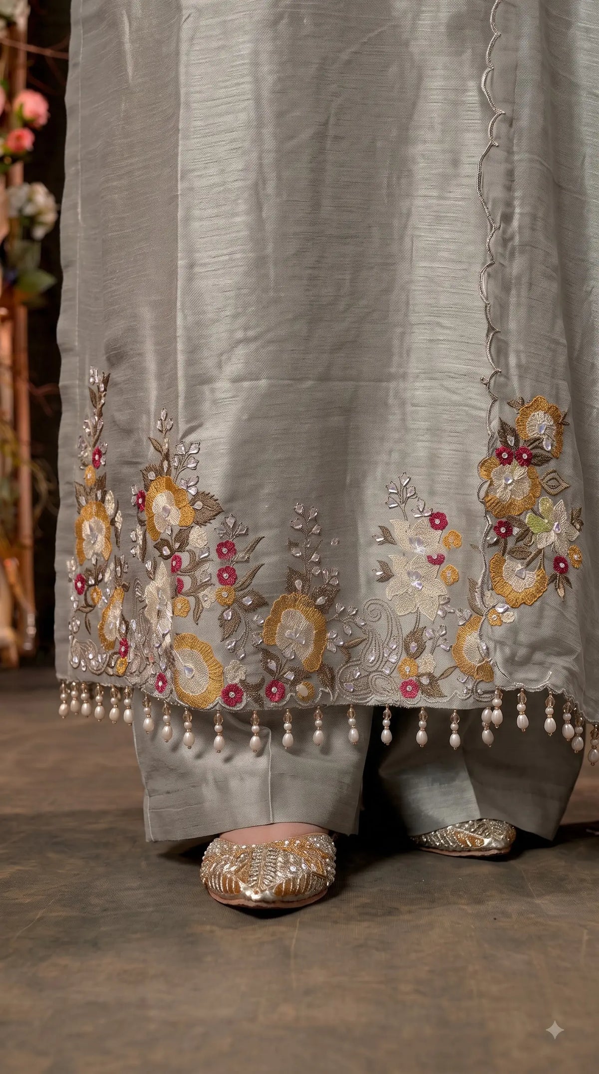 Premium Designer Silver Grey Giraffe Fabric Suit with Pearl, Sequin & Floral Embroidery Work