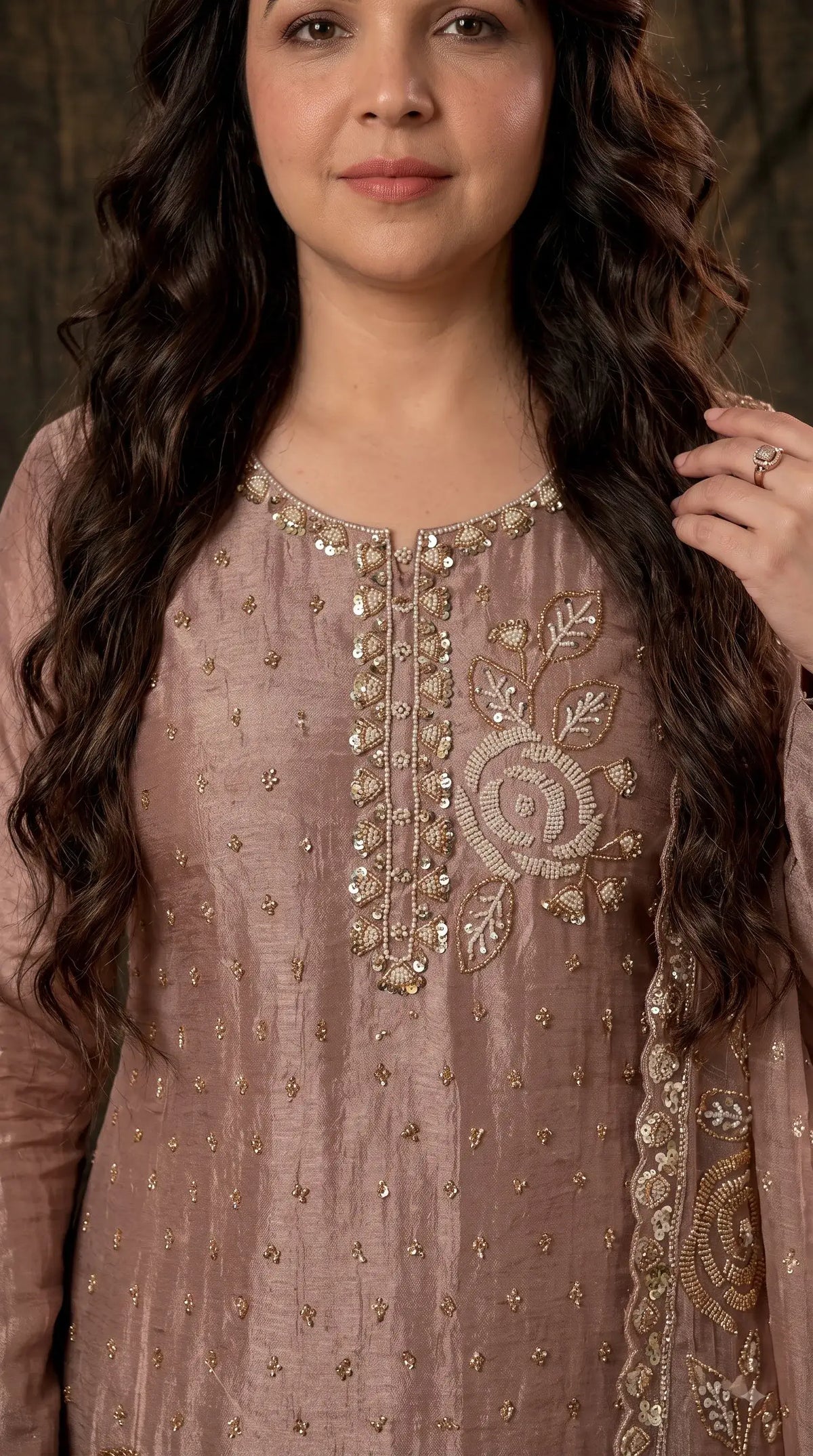 Premium Dusty Rose Taupe Soft Tissue Designer Suit with Pearl Work