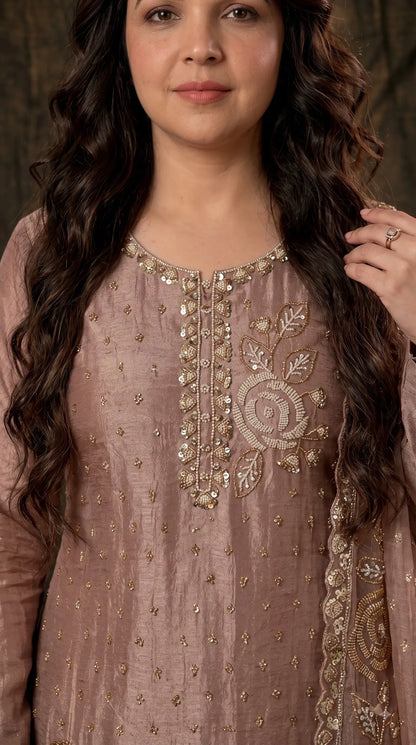 Premium Dusty Rose Taupe Soft Tissue Designer Suit with Pearl Work
