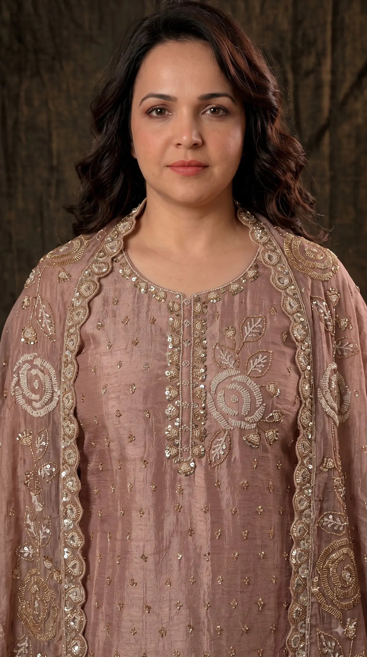 Premium Dusty Rose Taupe Soft Tissue Designer Suit with Pearl Work