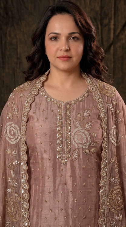 Premium Dusty Rose Taupe Soft Tissue Designer Suit with Pearl Work