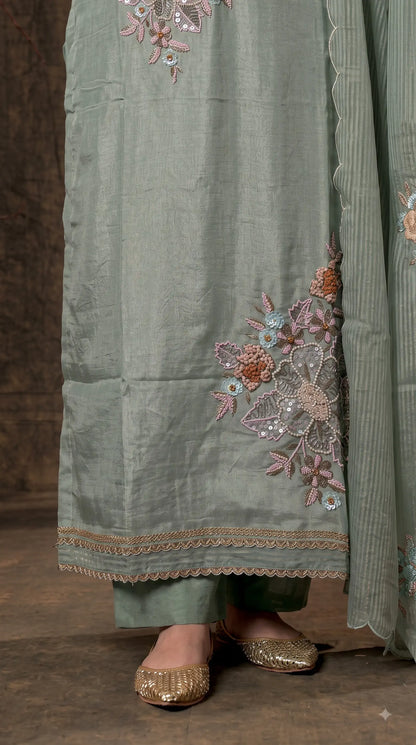 Premium Designer Sage Green Organza Suit with Pastel Floral Hand Embroidery, Sequin & Bead Work