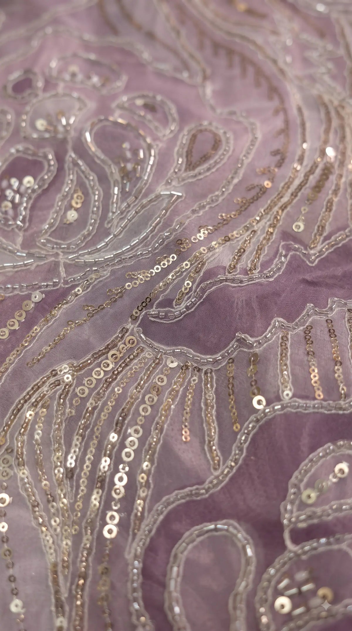 Pakistani Designer Lavender Shade Organza Ethnic-Western Suit with Pearl, Bead & Sequin Work