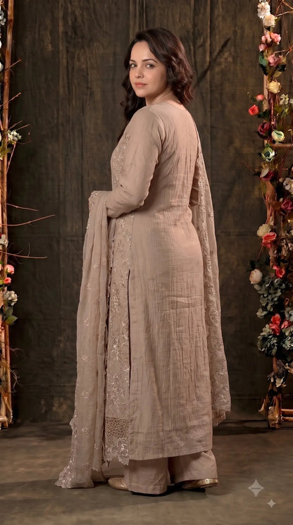 Premium Designer Taupe Beige Marble Chiffon Suit with Cutwork Embroidery & Swarovski Work