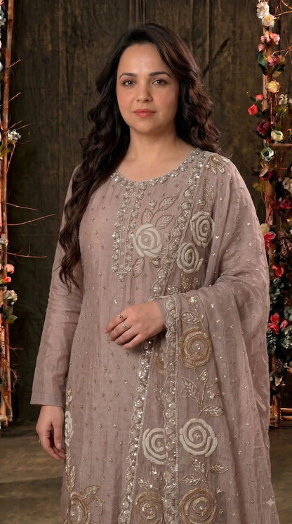 Premium Dusty Mauve Taupe Soft Tissue Designer Suit with Pearl Work