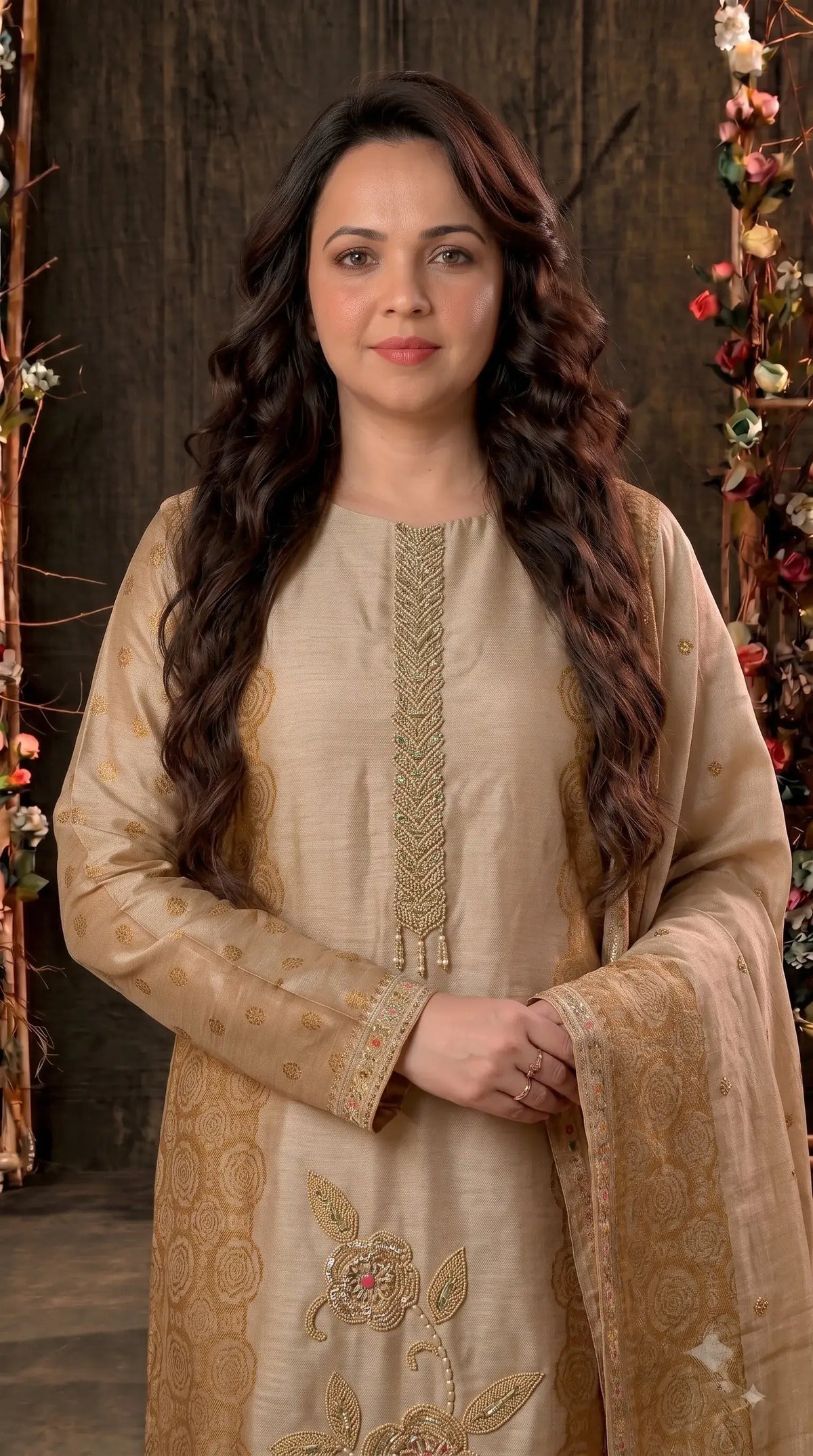 Pakistani Designer Yellow Banarsi Suit with Floral Bead & Sequin Work