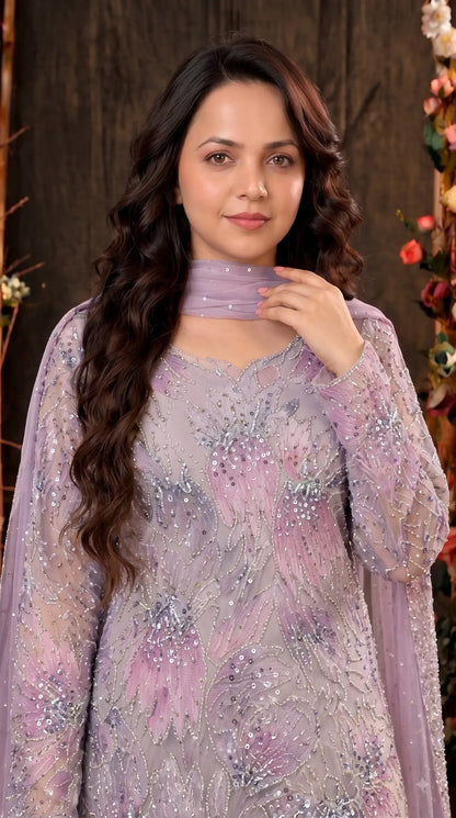 Premium Lavender Organza Pakistani Designer Suit with Cutdana, Pearl, Sequin & Ribbon Handwork