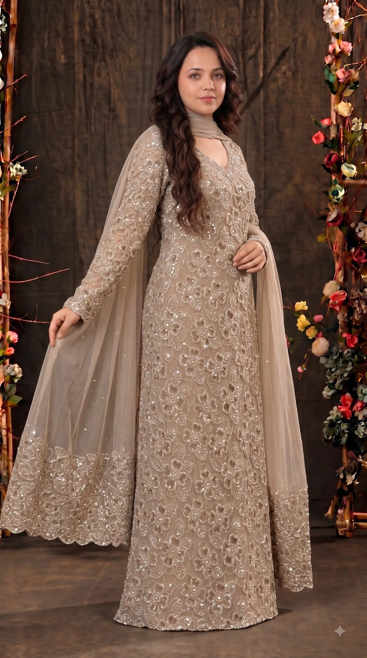 Premium Champagne Organza Ethnic-Western Pakistani Designer Suit with Floral Embroidery, Pearl, Cutdana & Sequin Handwork
