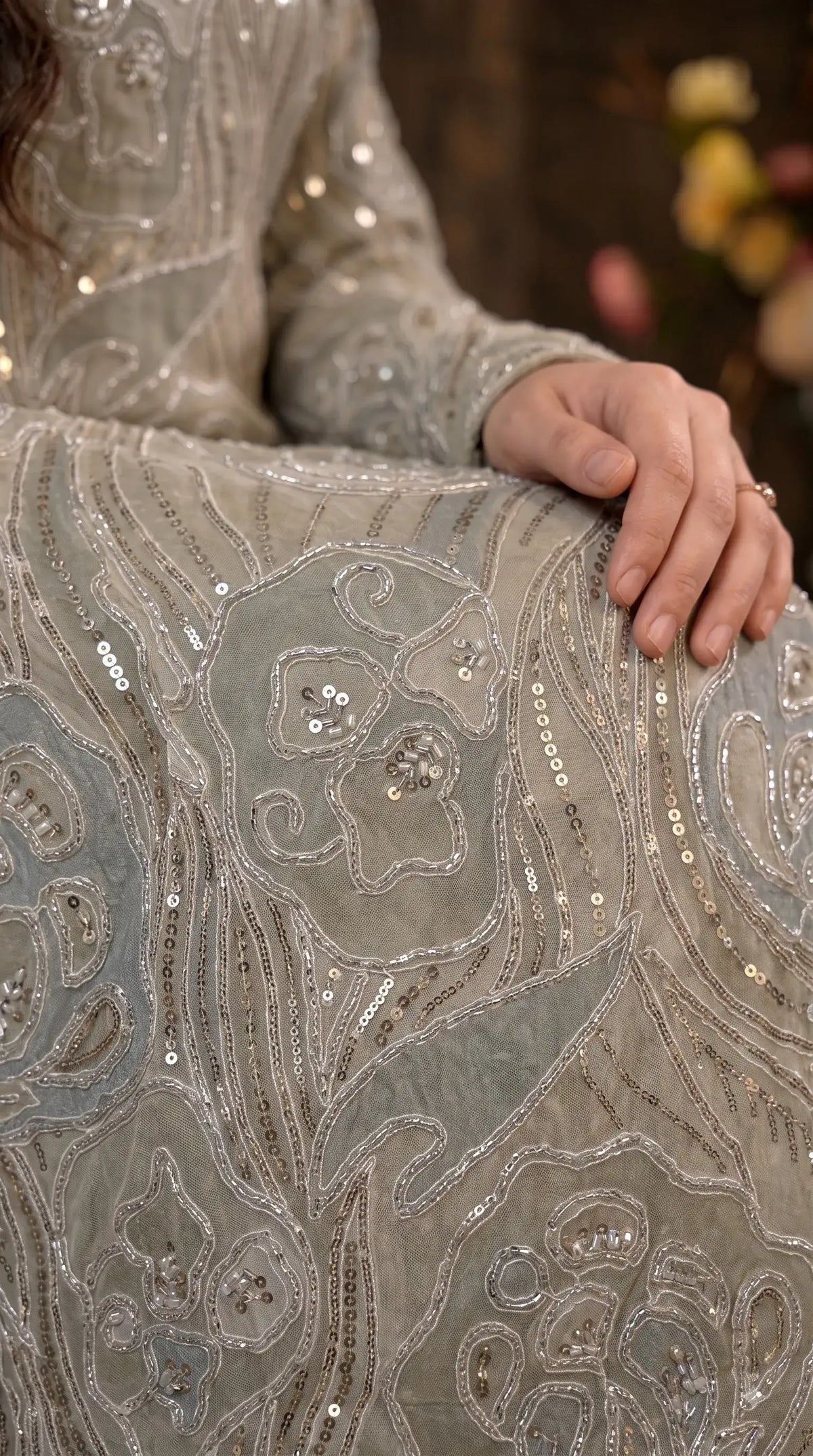 Premium Designer Ivory & Blue Organza Ethnic-Western Suit with Pearl, Bead & Sequin Work
