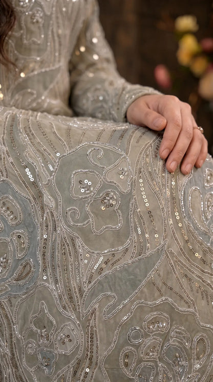 Premium Designer Ivory & Blue Organza Ethnic-Western Suit with Pearl, Bead & Sequin Work