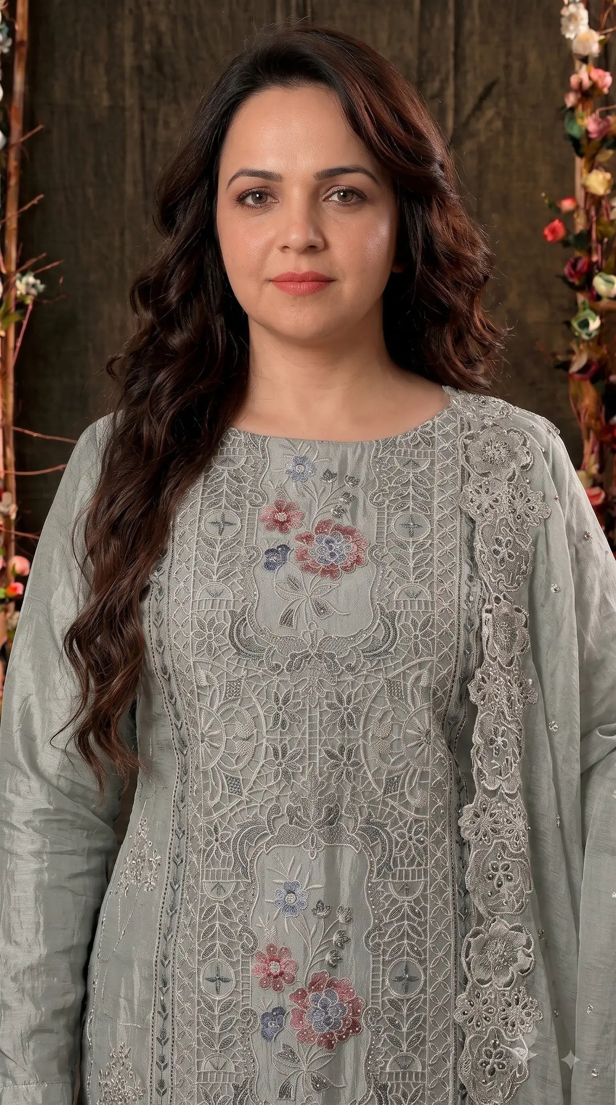 Premium Designer Sage Green Shimmer Silk Suit with Cutwork & Floral Embroidery