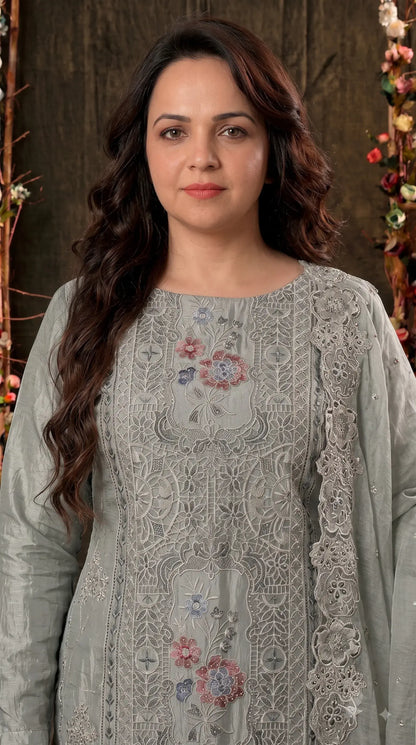 Premium Designer Sage Green Shimmer Silk Suit with Cutwork & Floral Embroidery