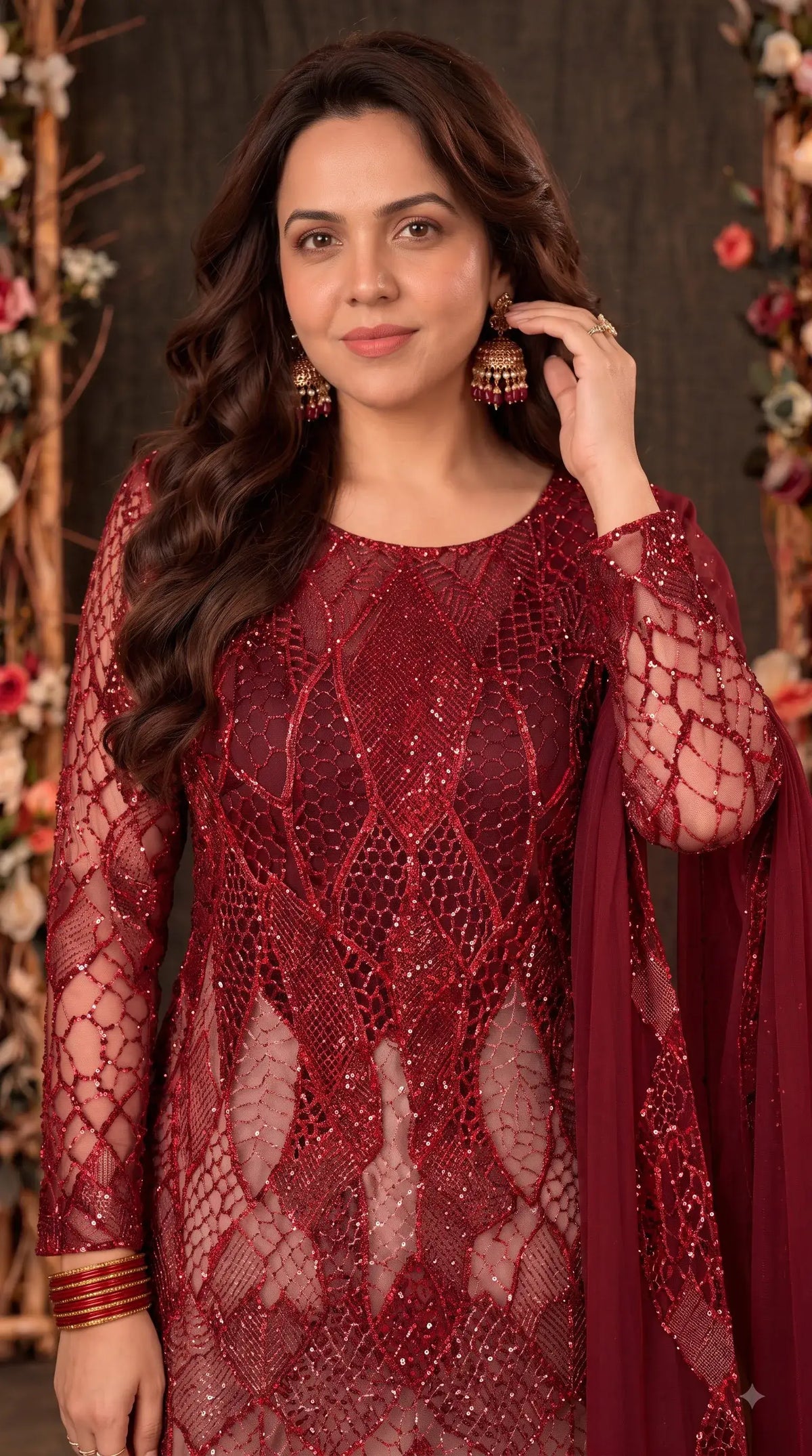 Royal Red Imported Premium Soft Net Pakistani Designer Suit with Handwork, Cut Dana, Pearl & Sequin Work
