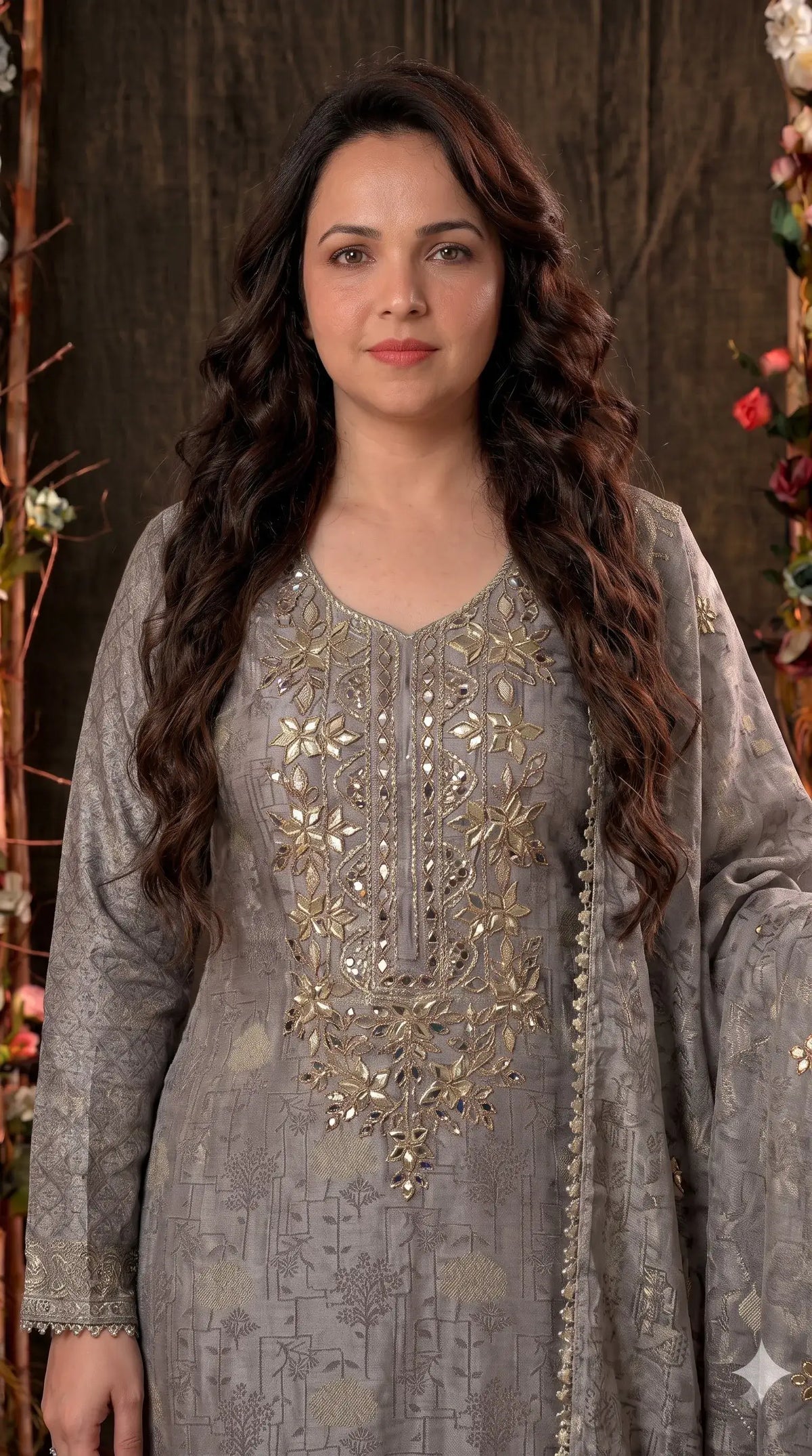 Pakistani Designer Silver Grey Banarsi Suit with Mirror & Pearl Work