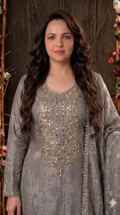 Pakistani Designer Silver Grey Banarsi Suit with Mirror & Pearl Work