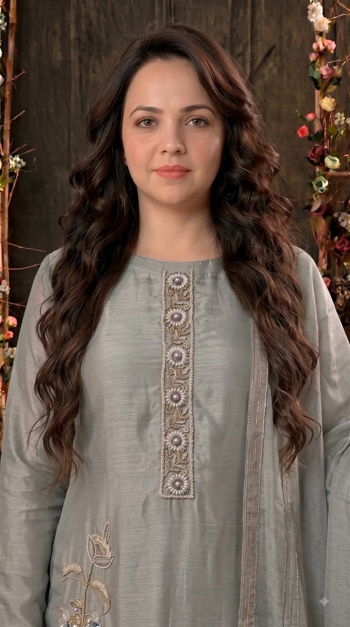 Premium Designer Silver Shade Designer Suit in Soft Tissue Fabric with Royal Hand Work