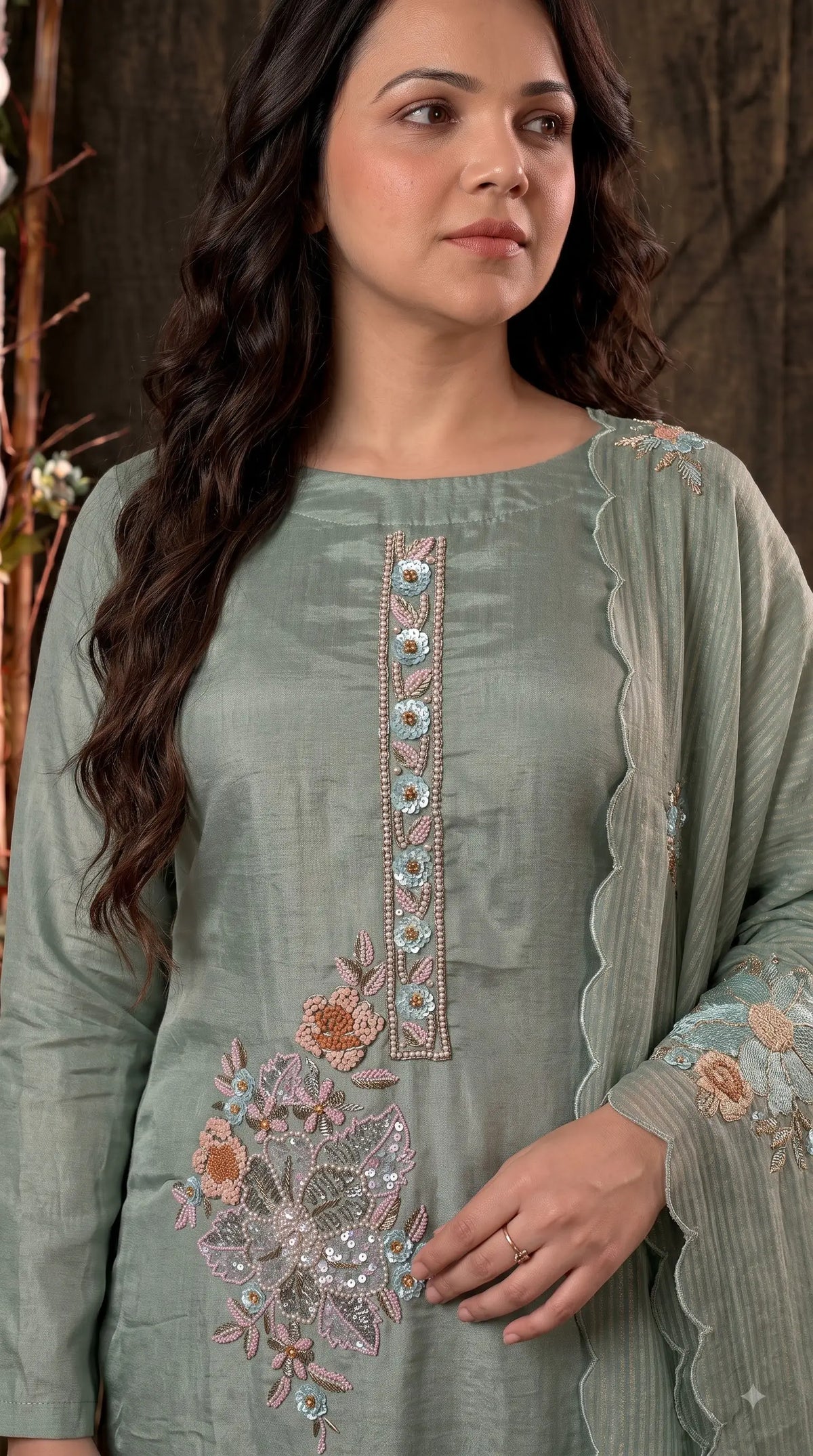 Premium Designer Sage Green Organza Suit with Pastel Floral Hand Embroidery, Sequin & Bead Work
