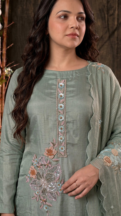 Premium Designer Sage Green Organza Suit with Pastel Floral Hand Embroidery, Sequin & Bead Work