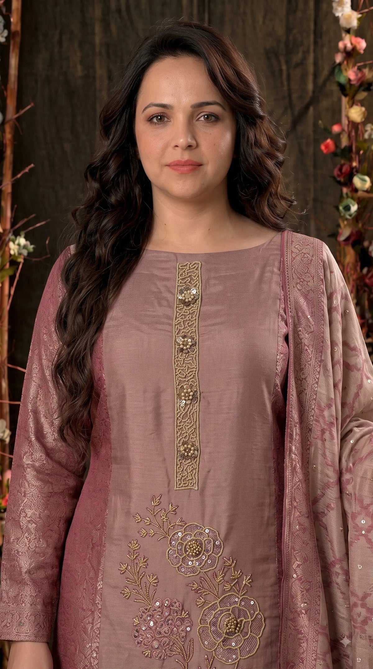 Premium Designer Dusty Rose Pink Banarasi Suit with Royal Floral Hand Work