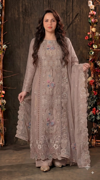 Premium Designer Dusty Rose Taupe Shimmer Silk Suit with Cutwork Floral Embroidery