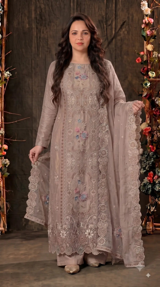 Premium Designer Dusty Rose Taupe Shimmer Silk Suit with Cutwork Floral Embroidery