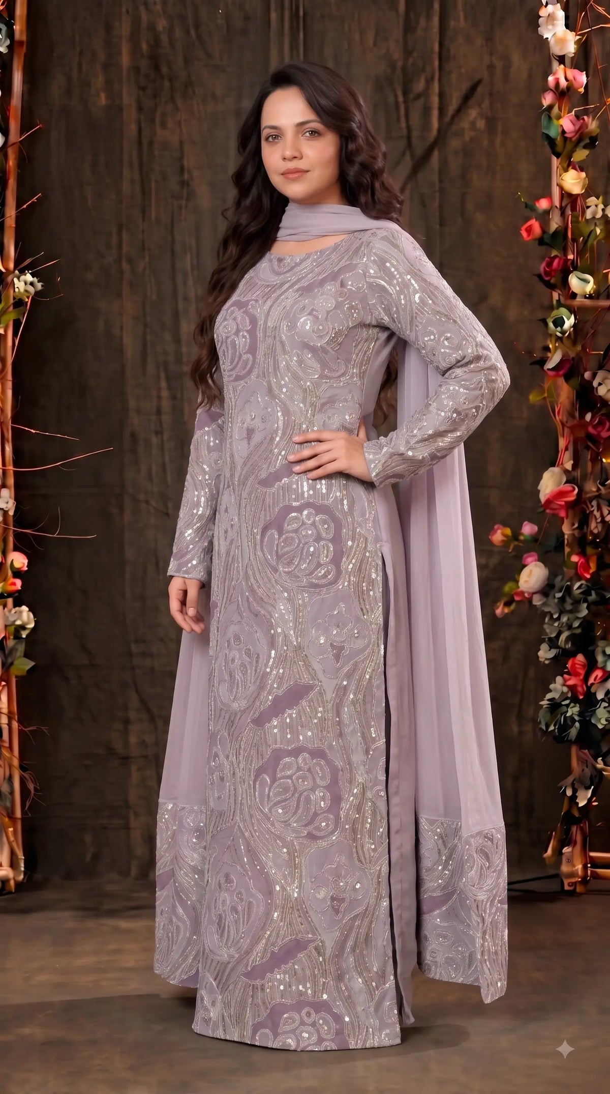 Pakistani Designer Lavender Shade Organza Ethnic-Western Suit with Pearl, Bead & Sequin Work