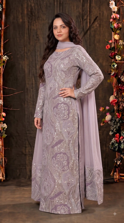 Pakistani Designer Lavender Shade Organza Ethnic-Western Suit with Pearl, Bead & Sequin Work