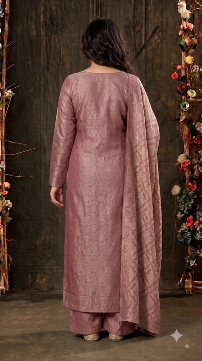 Premium Designer Dusty Rose Pink Banarasi Suit with Royal Floral Hand Work