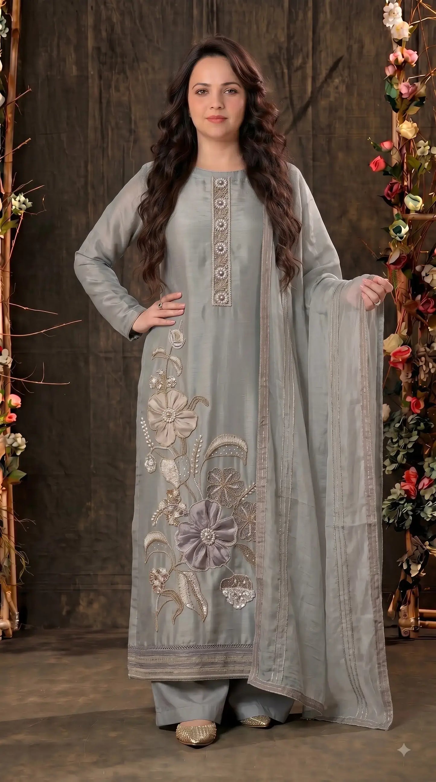 Premium Designer Silver Shade Designer Suit in Soft Tissue Fabric with Royal Hand Work
