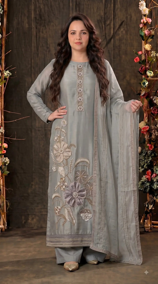 Premium Designer Silver Shade Designer Suit in Soft Tissue Fabric with Royal Hand Work